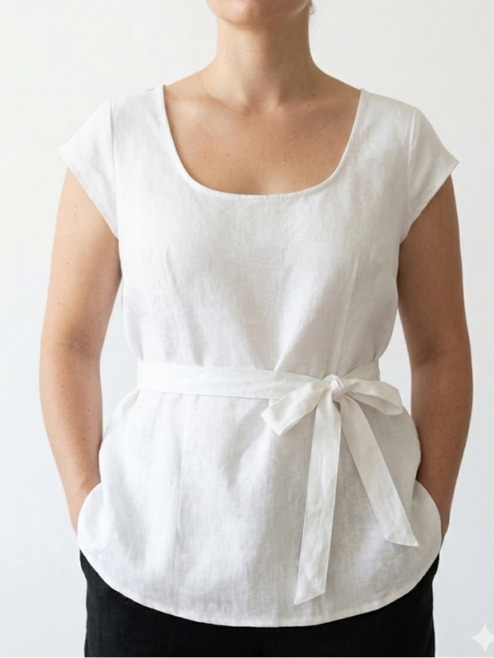 Vintage Linen‑Cotton Blend Tie‑Waist Top Size XL Petite | Coastal | Quiet Luxury